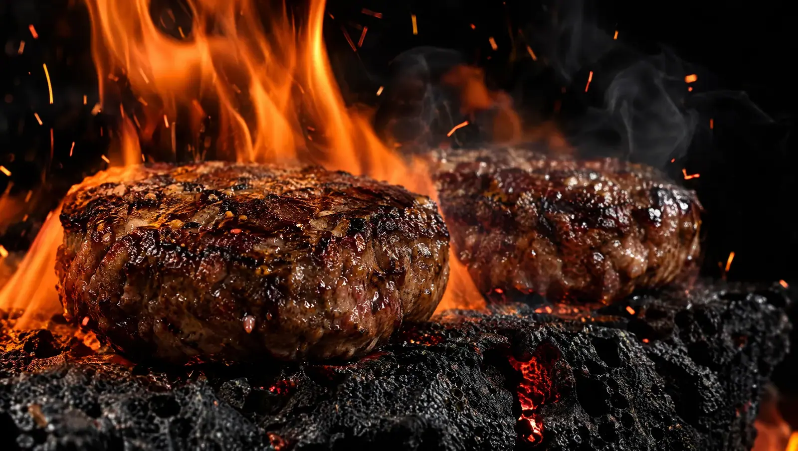 Dwa kotlety wołowe na grillu w płomieniach