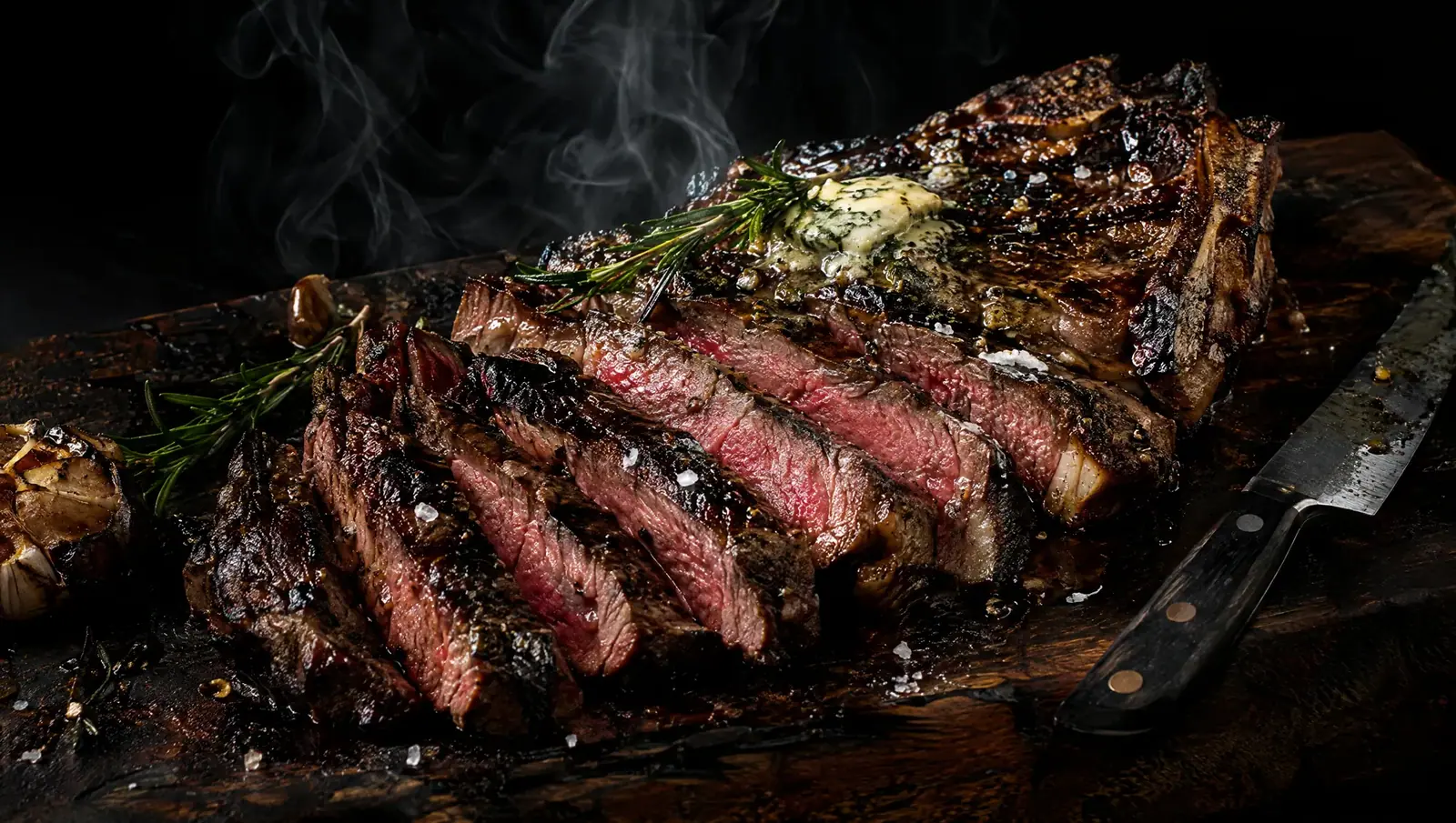 Pokrojony stek rib eye medium rare na desce, z solą i rozmarynem